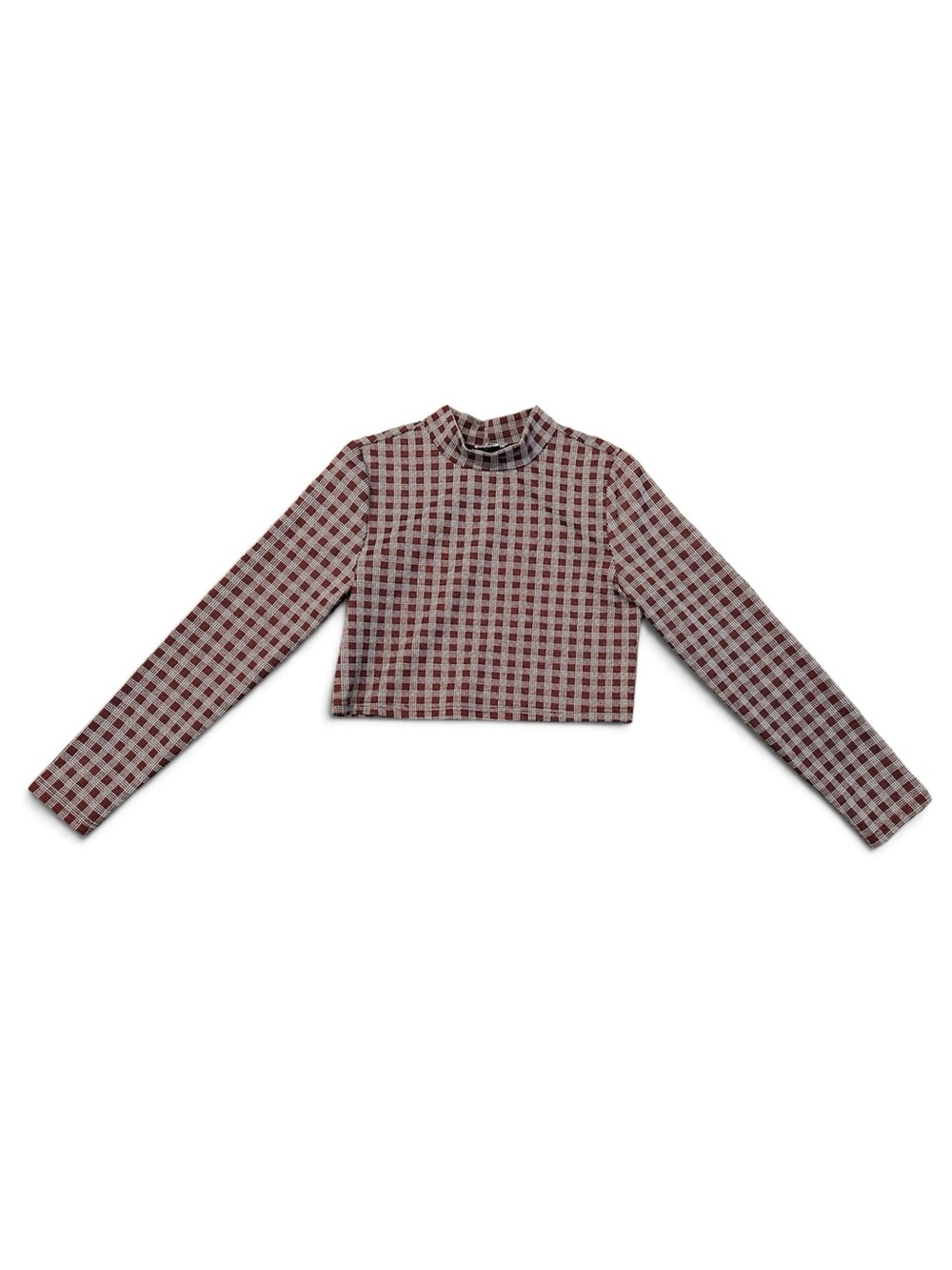 Cropped Mock Neck Check Top in Burgundy & White